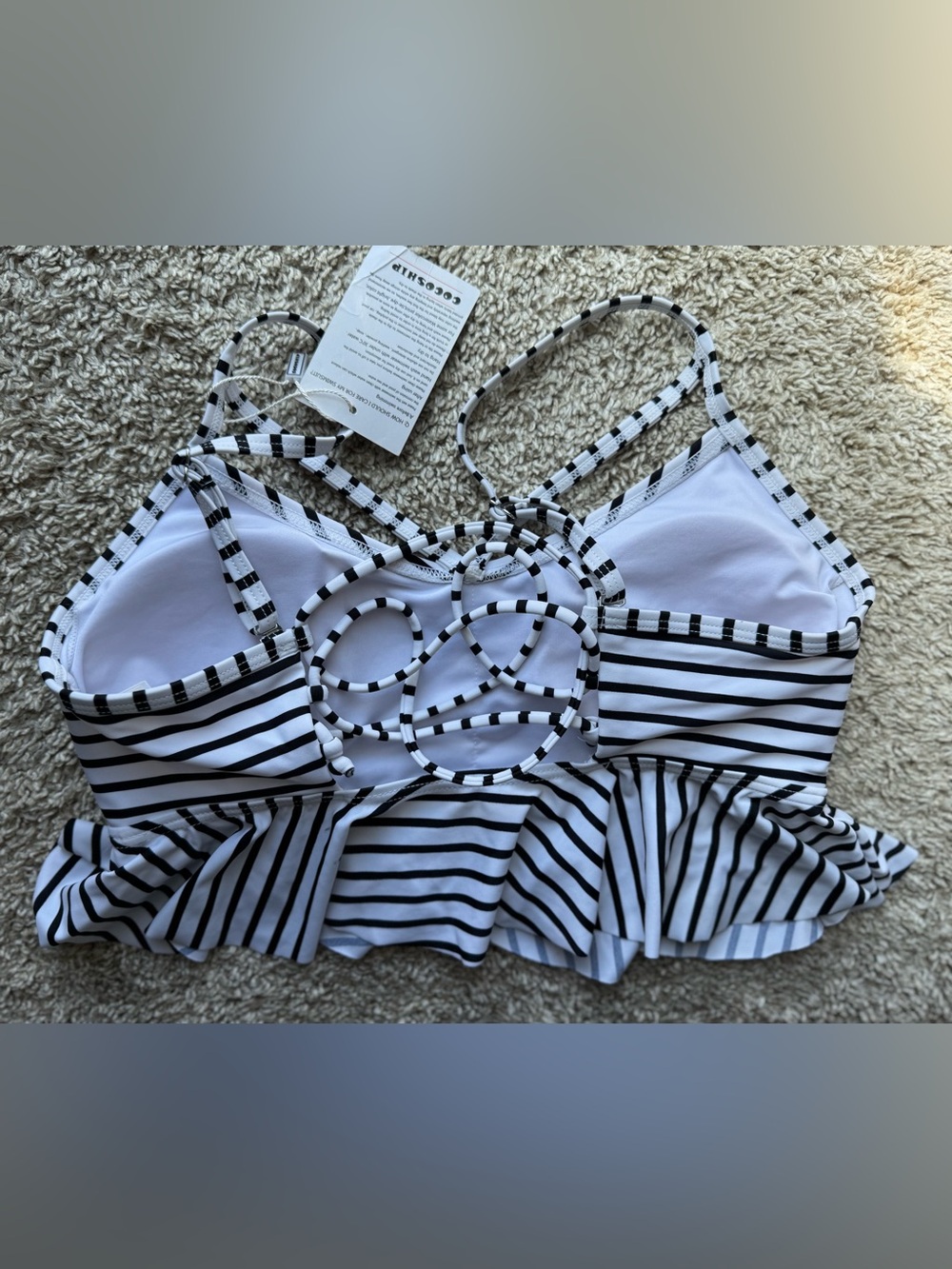 COCOSHIP NWT Black White Striped Peplum Bikini Swim Top Women’s Small - Picture 2 of 4